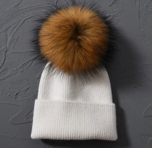 White w/ Brown Single Pom // Beanie